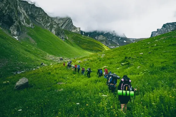 group of hikers with hiking gear