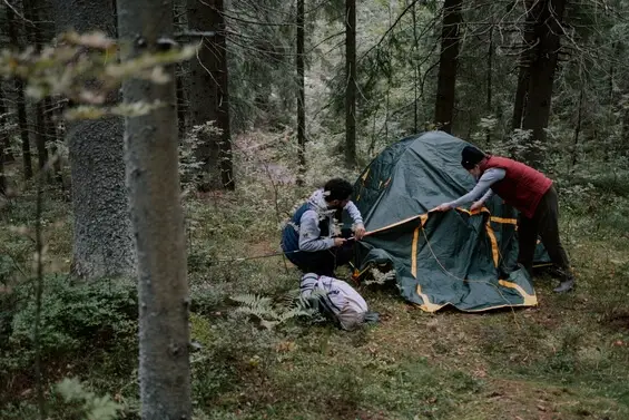 tent setup with poles 